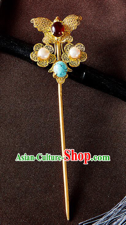 China Handmade Pearls Hair Jewelry Accessories Traditional Qing Dynasty Golden Filigree Butterfly Hairpin