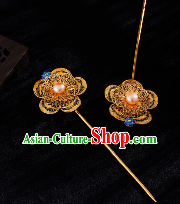 China Handmade Pearl Hair Stick Jewelry Accessories Traditional Ming Dynasty Golden Plum Blossom Hairpin