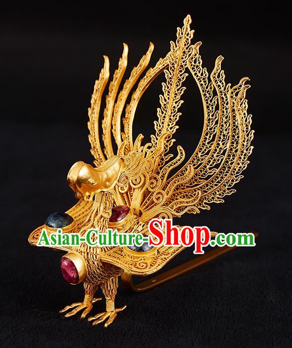 China Handmade Gems Hair Crown Jewelry Accessories Traditional Ming Dynasty Empress Golden Phoenix Hairpin