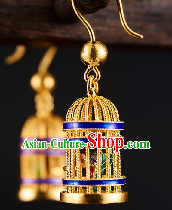 China Traditional Blueing Ear Jewelry Accessories Ancient Empress Golden Birdcage Earrings