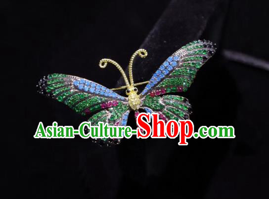 China Handmade Green Crystal Butterfly Brooch Accessories Traditional Cheongsam Breastpin Jewelry