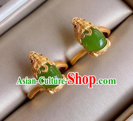 Chinese Classical National Golden Pi Xiu Circlet Handmade Chrysoprase Ring Jewelry Accessories