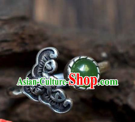 Chinese Classical National Silver Bat Circlet Handmade Jewelry Accessories Chrysoprase Ring