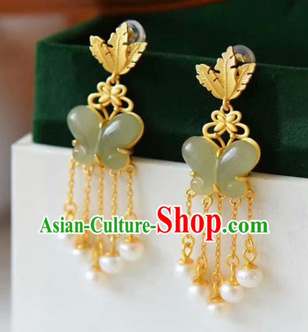 China Traditional Pearls Tassel Ear Jewelry Accessories National Cheongsam Jade Butterfly Earrings
