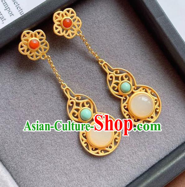 China Traditional Qing Dynasty Golden Gourd Ear Jewelry Accessories National Cheongsam White Chalcedony Earrings