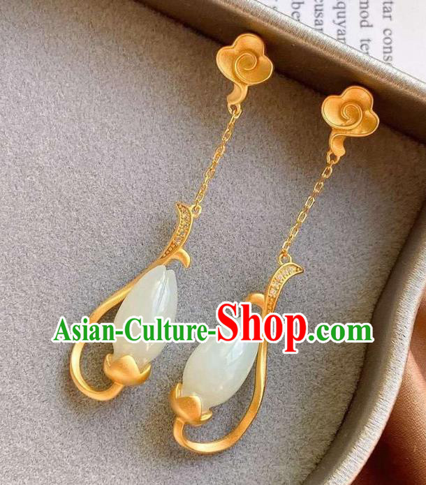 China Traditional Qing Dynasty Jade Mangnolia Ear Jewelry Accessories National Cheongsam Golden Cloud Earrings