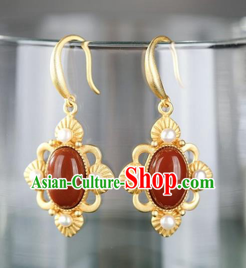 China Traditional Pearls Golden Ear Jewelry Accessories National Cheongsam Agate Earrings