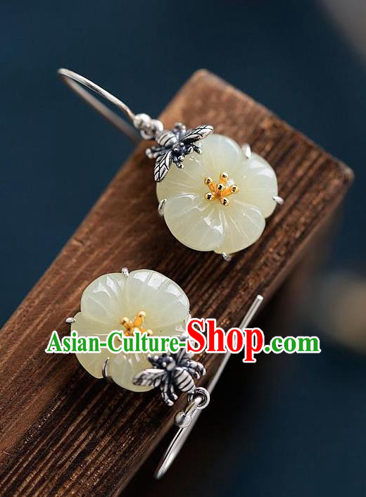 China Traditional Silver Bee Ear Jewelry Accessories National Cheongsam Jade Plum Earrings