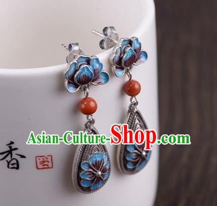 China National Cheongsam Silver Earrings Traditional Cloisonne Peony Ear Jewelry Accessories