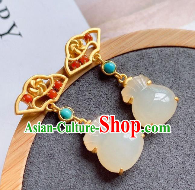 China Traditional Golden Ear Jewelry Accessories National Cheongsam Chalcedony Lucky Bag Earrings