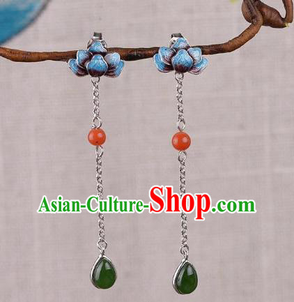 China Traditional Cloisonne Lotus Ear Jewelry Accessories National Cheongsam Jade Tassel Earrings