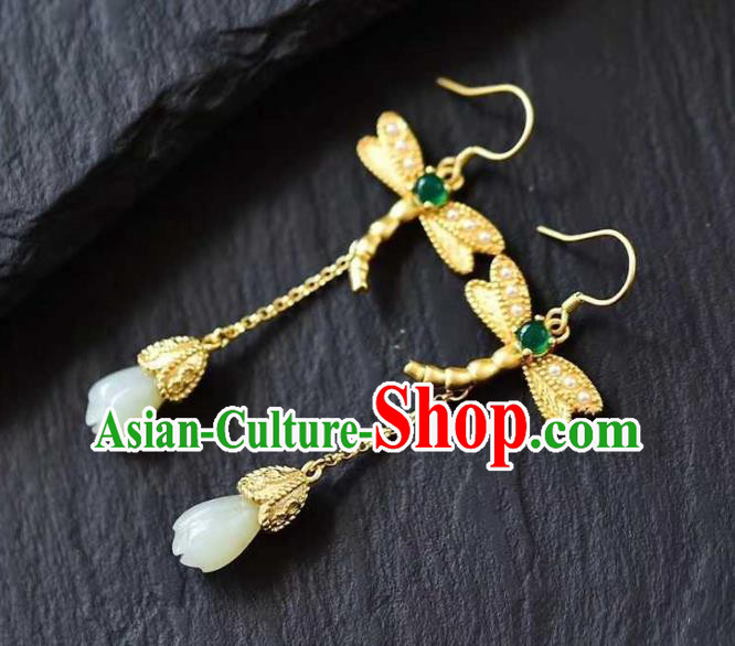 China Traditional Golden Dragonfly Ear Jewelry Accessories National Cheongsam Jade Mangnolia Earrings