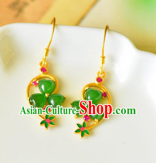 China Traditional Green Jade Ear Jewelry Accessories Classical Cheongsam Golden Earrings
