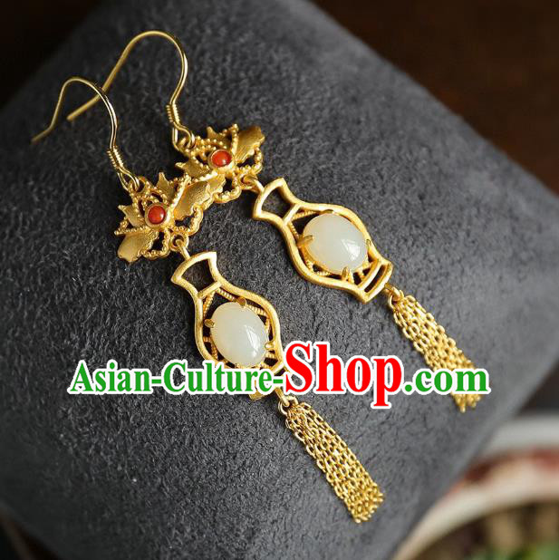 China Traditional Golden Lotus Tassel Ear Jewelry Accessories Classical Cheongsam Jade Vase Earrings