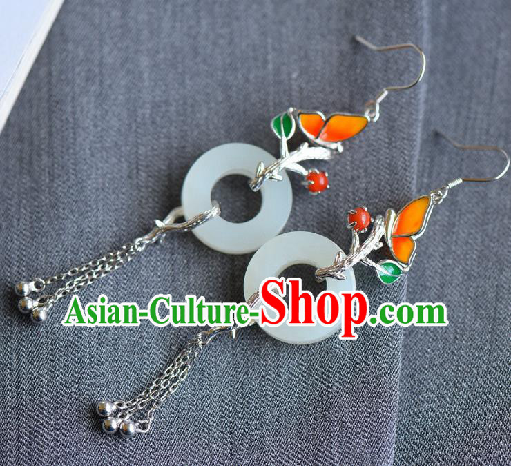 China Traditional Enamel Butterfly Ear Jewelry Accessories Classical Cheongsam Silver Tassel Jade Earrings