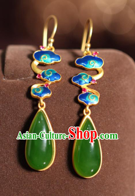China Traditional Green Jade Ear Jewelry Accessories Classical Cheongsam Enamel Cloud Earrings