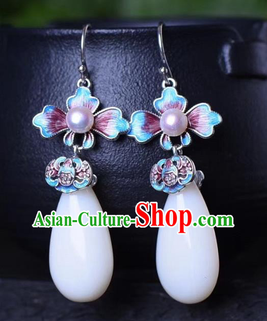 China Traditional Pearl Jade Ear Jewelry Accessories Classical Cheongsam Blueing Bat Earrings
