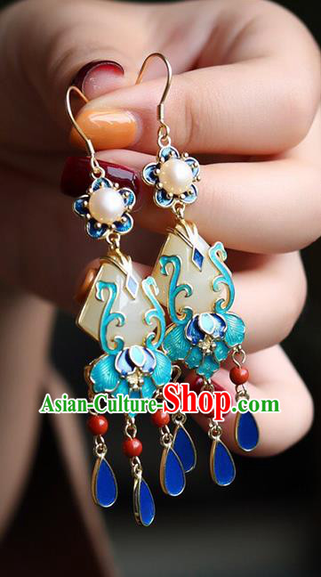 China Traditional Jade Pearl Ear Jewelry Accessories Classical Cheongsam Cloisonne Tassel Earrings