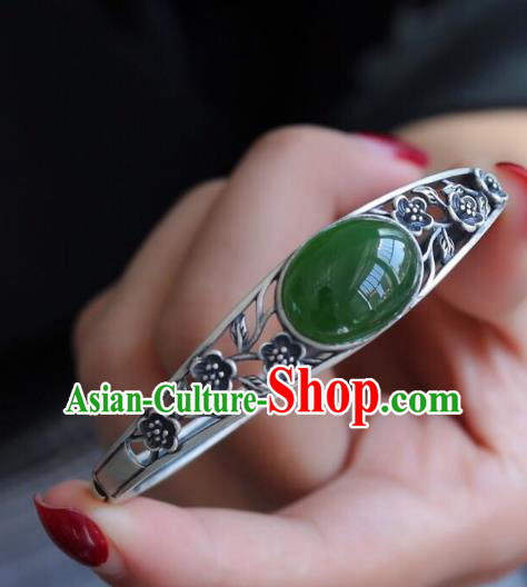 China Handmade Silver Carving Plum Bracelet Accessories Traditional National Chrysoprase Bangle Jewelry