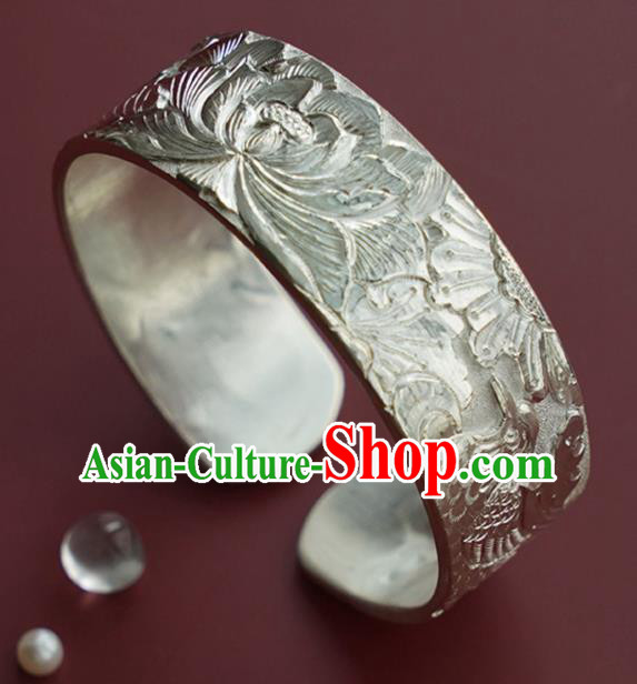 China Handmade Silver Bracelet Traditional National Carving Lotus Bangle Jewelry Accessories