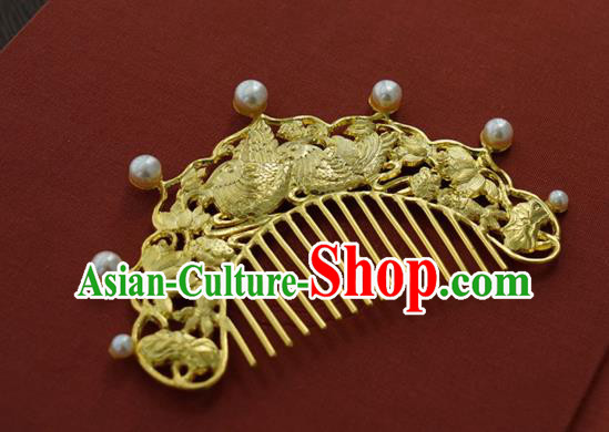 China Traditional Tang Dynasty Pearls Hair Jewelry Handmade Hair Accessories Golden Mandarin Duck Hairpin