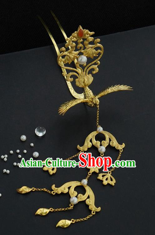 China Traditional Court Tassel Hairpin Handmade Hair Accessories Ming Dynasty Golden Phoenix Hair Crown
