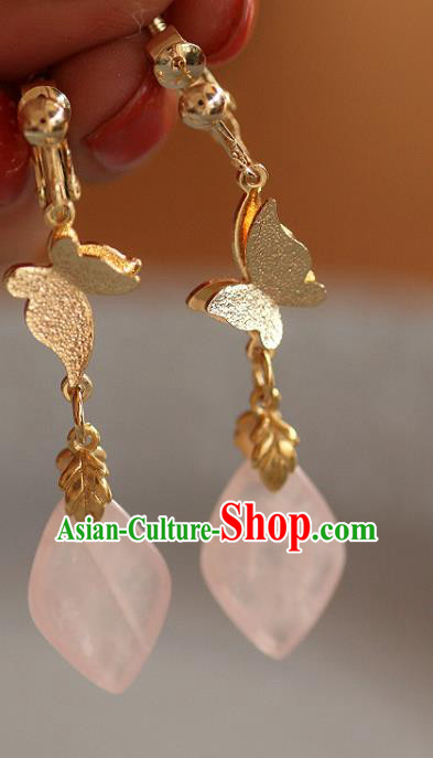 China Traditional Rose Quartz Ear Jewelry Accessories Handmade Cheongsam Golden Butterfly Earrings