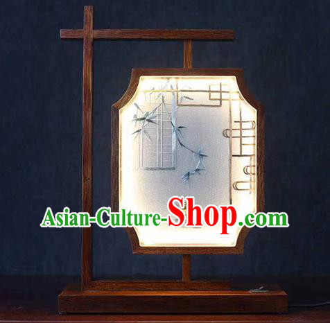 Chinese Handmade Rosewood Table Screen Traditional Embroidered Bamboo Censer Lantern National Desk Ornament