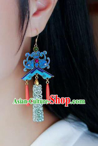 Handmade China Pearls Accessories Traditional Cheongsam Jade Eardrop Blueing Bat Earrings Jewelry