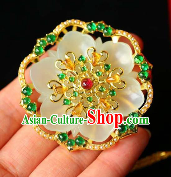 Chinese National Classical Jade Carving Flower Necklace Accessories Handmade Golden Necklet Pendant