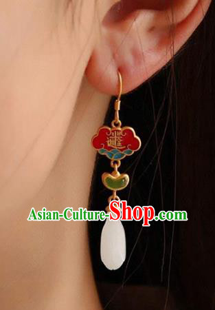 Handmade China National Cheongsam Enamel Red Earrings Traditional Jewelry Accessories Jade Mangnolia Eardrop