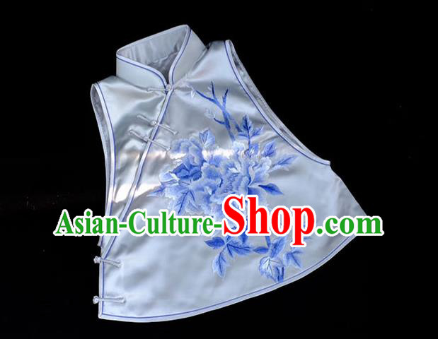 Chinese Embroidered Peony Vest Upper Outer Garment Traditional White Silk Waistcoat Costume