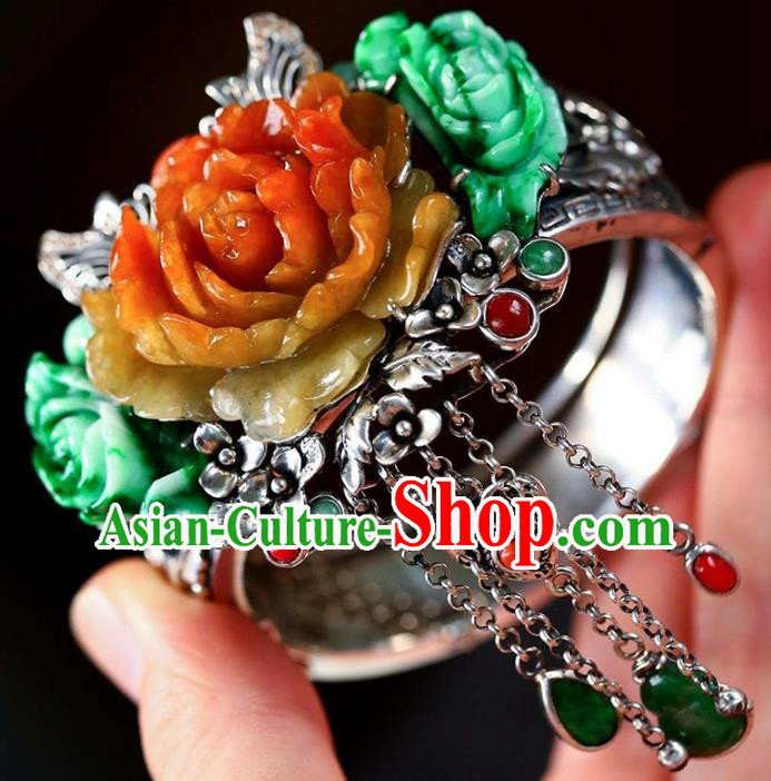 China Handmade Silver Tassel Bracelet Traditional Jewelry Accessories National Jade Carving Peony Bangle