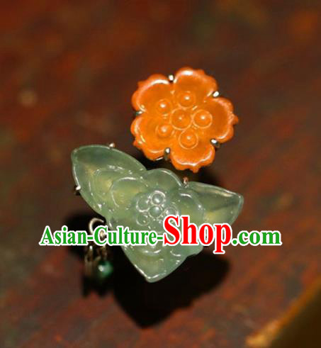 Chinese National Agate Flowers Ring Jewelry Traditional Handmade Jadeite Circlet Silver Accessories