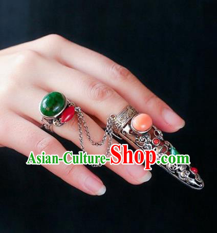 Chinese Traditional Handmade Accessories Nail Wrap with Jadeite Ring National Retro Silver Jewelry