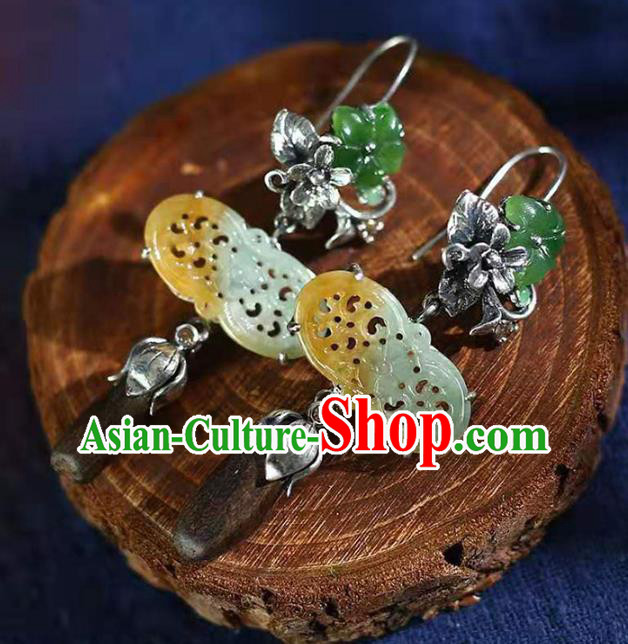 Handmade China Silver Flower Eardrop Jewelry Traditional Cheongsam Eaglewood Accessories National Jade Earrings