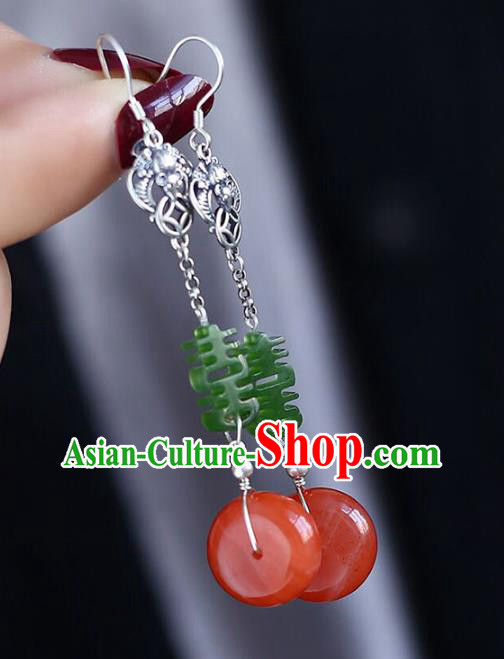 Handmade China Wedding Agate Eardrop Jewelry Traditional Accessories National Cheongsam Silver Bat Earrings
