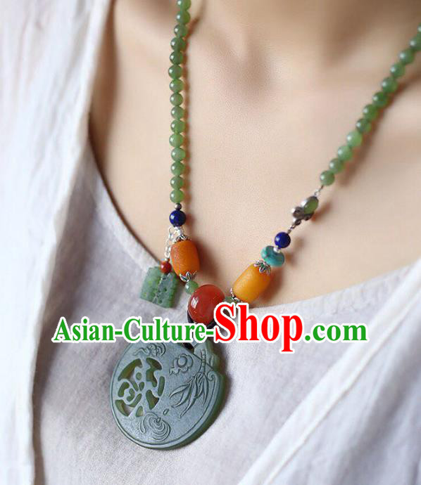 Chinese Classical Jade Beads Necklet Pendant Handmade Beeswax Accessories National Wedding Necklace