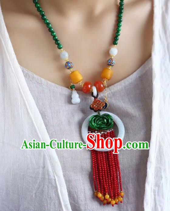 Chinese Classical Garnet Beads Tassel Necklet Pendant Handmade Jadeite Accessories National Necklace