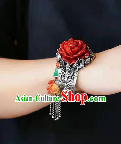 China Handmade Retro Silver Carving Bracelet Traditional Jewelry Accessories National Agate Peony Bangle