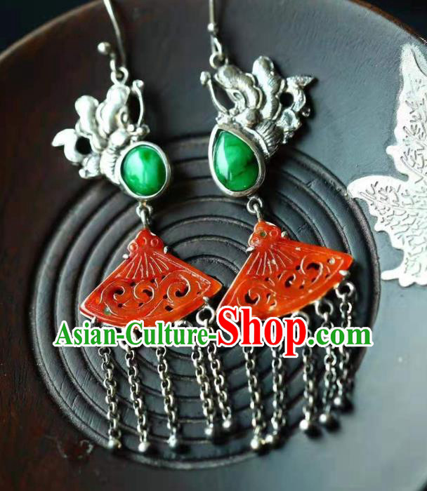 Handmade China Red Jade Eardrop Jewelry Traditional Cheongsam Accessories National Silver Butterfly Tassel Earrings