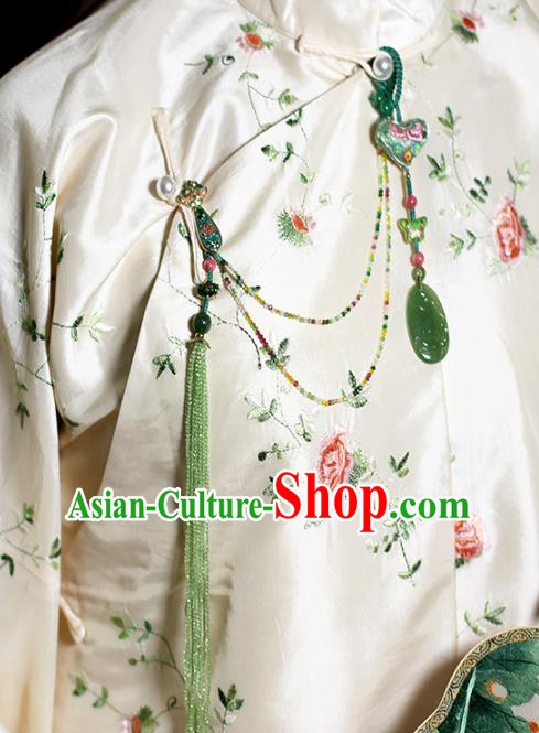 Chinese National Green Beads Tassel Brooch Jade Jewelry Traditional Handmade Cloisonne Accessories