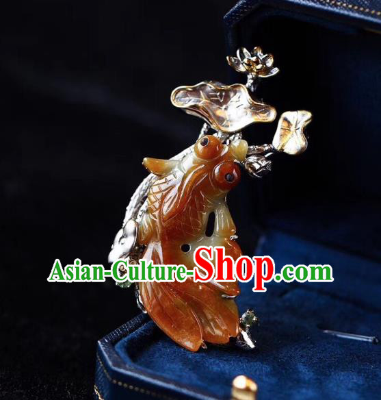 Chinese National Yellow Jade Goldfish Brooch Jewelry Traditional Handmade Silver Lotus Accessories