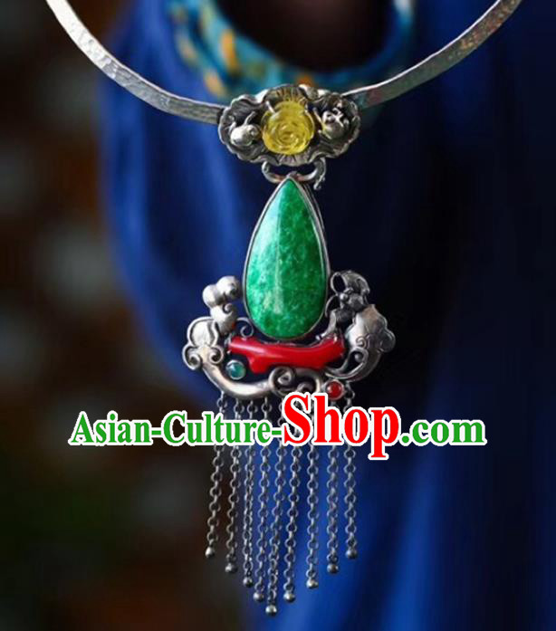 Chinese Classical Silver Tassel Necklet Jade Pendant Handmade National Topaz Rose Necklace Accessories