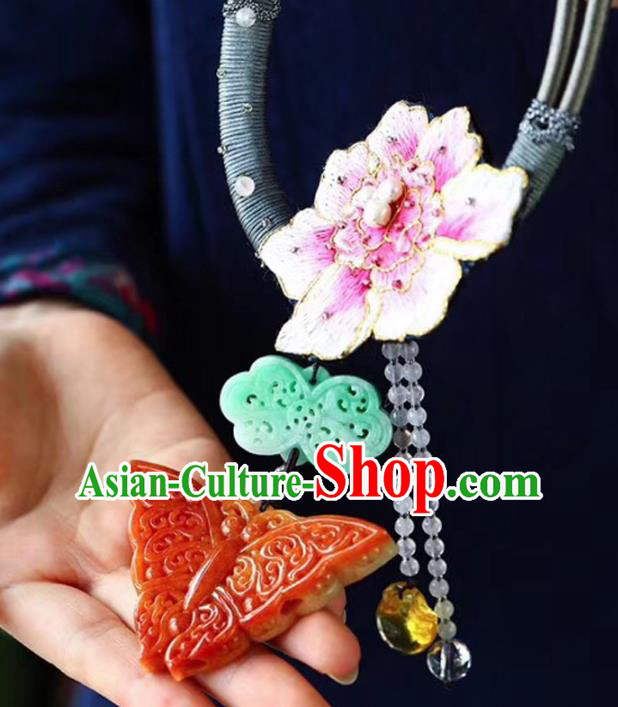 Chinese Classical Red Jade Butterfly Necklet Pendant Handmade National Embroidered Peony Necklace Accessories