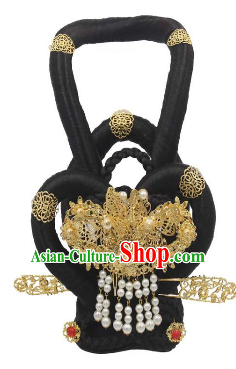 Chinese Classical Dance Hair Chignon and Golden Hairpins Traditional Tang Dynasty Palace Lady Wigs