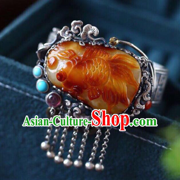 China Handmade Beeswax Carving Goldfish Bracelet Traditional Jewelry Accessories National Silver Tassel Bangle
