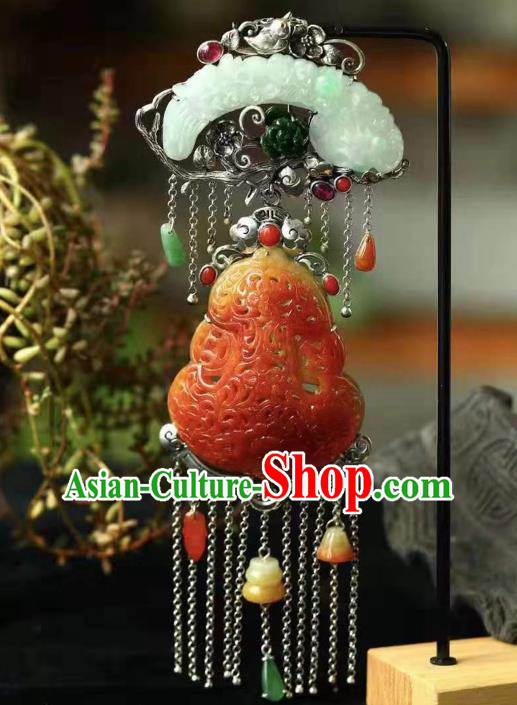 Chinese Handmade Silver Tassel Accessories National Jadeite Necklet Classical Jade Carving Gourd Necklace Pendant