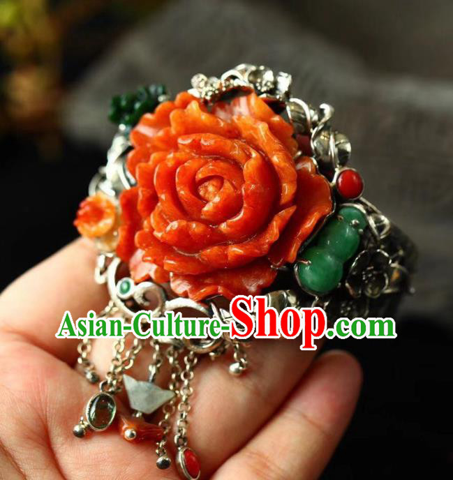 China Handmade Jade Carving Red Peony Bracelet Traditional Jewelry Accessories National Retro Silver Bangle