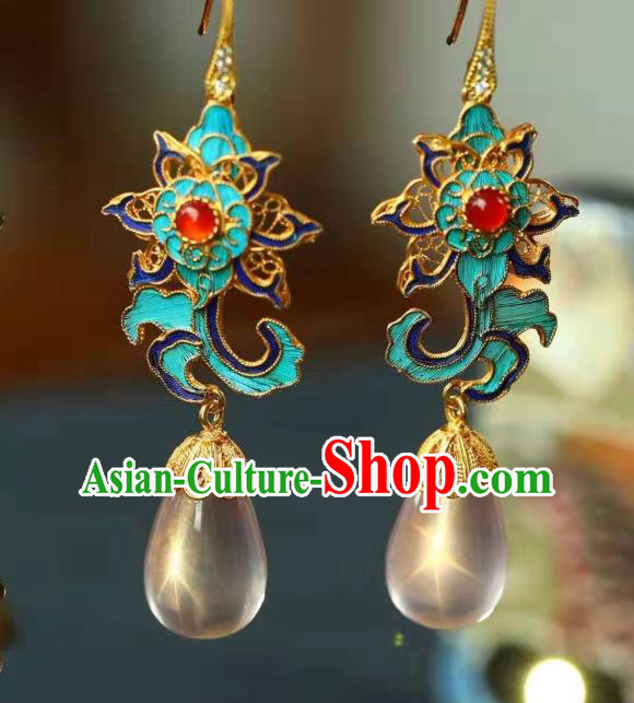 Handmade China Cloisonne Lotus Eardrop Jewelry Traditional Cheongsam Accessories National Rose Quartz Earrings